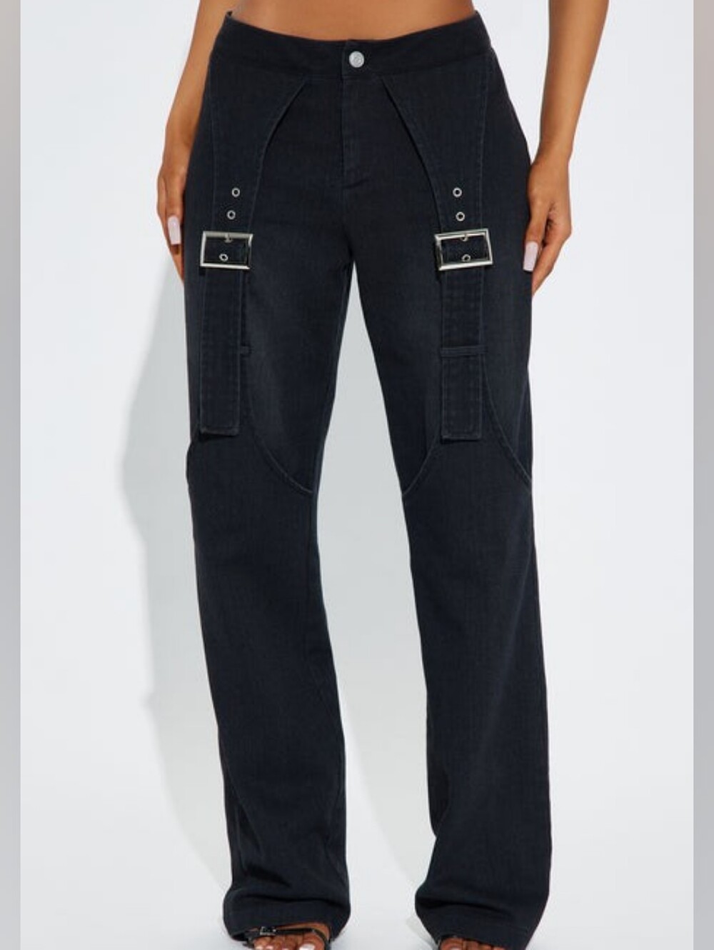 Fashion Nova Black Wide-Leg Jeans with Buckle Strap Detail